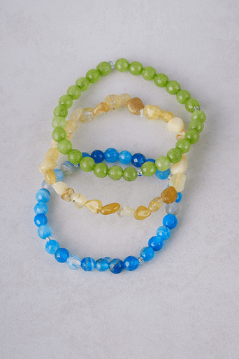Agate Stone Bracelet Stack in blue agate, lime green agate and yellow aventurine.