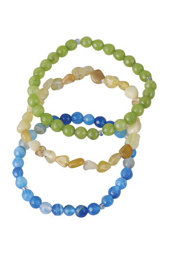 Agate Stone Bracelet Stack in blue agate, lime green agate and yellow aventurine.