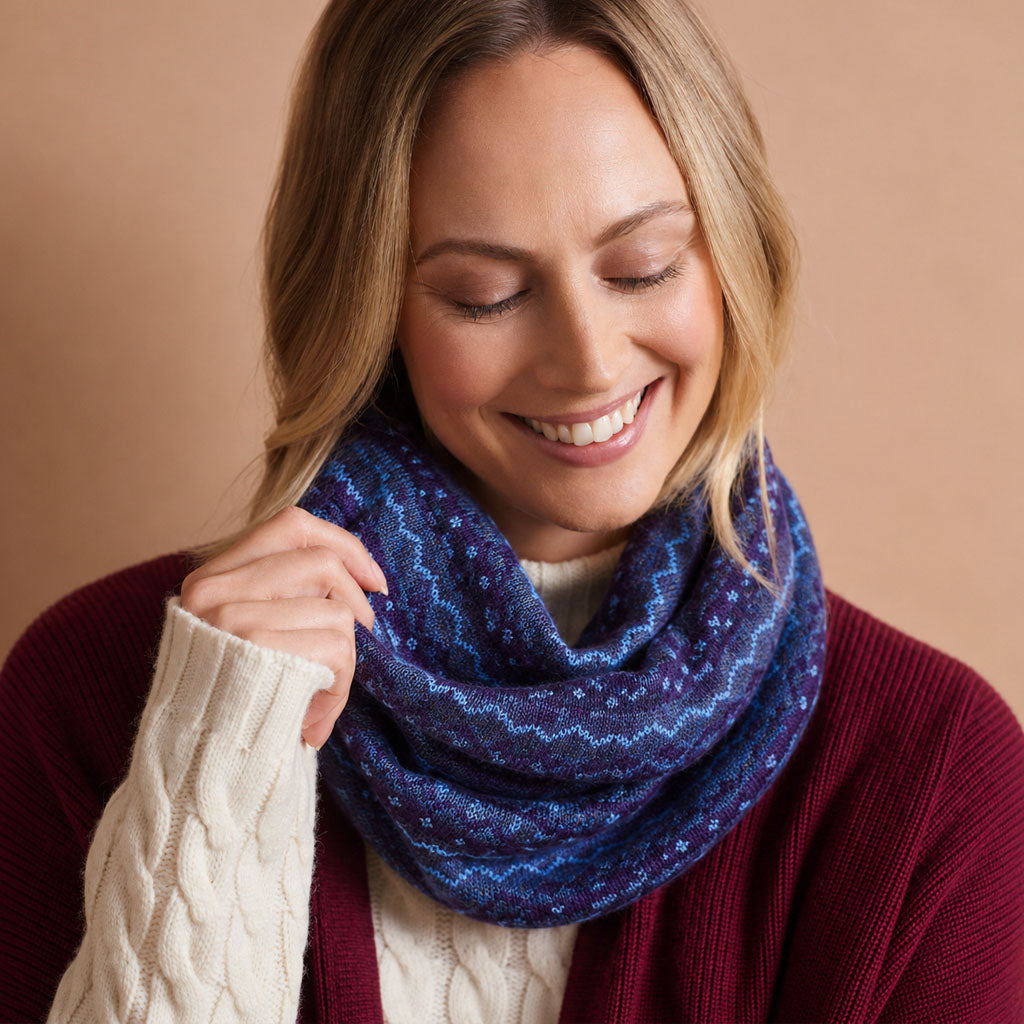 A smiling blonde woman wearing a blue and purple patterned knit infinity scarf, a burgundy cardigan, and a cream cable-knit sweater, set against a solid warm beige background.