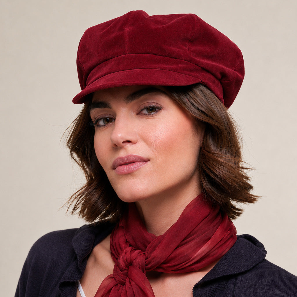 A woman wearing a deep burgundy velvet newsboy cap and a matching burgundy scarf, paired with a dark navy cardigan, set against a plain beige background.