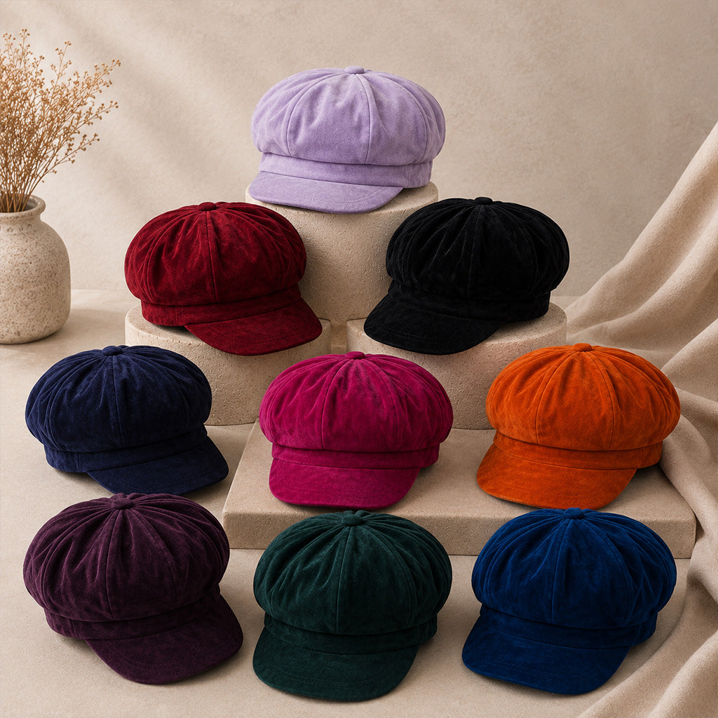 Nine corduroy newsboy caps in various colors are arranged on beige pedestals and draped fabric. The colors include light purple, burgundy, black, navy, magenta, orange, plum, dark green, and royal blue.