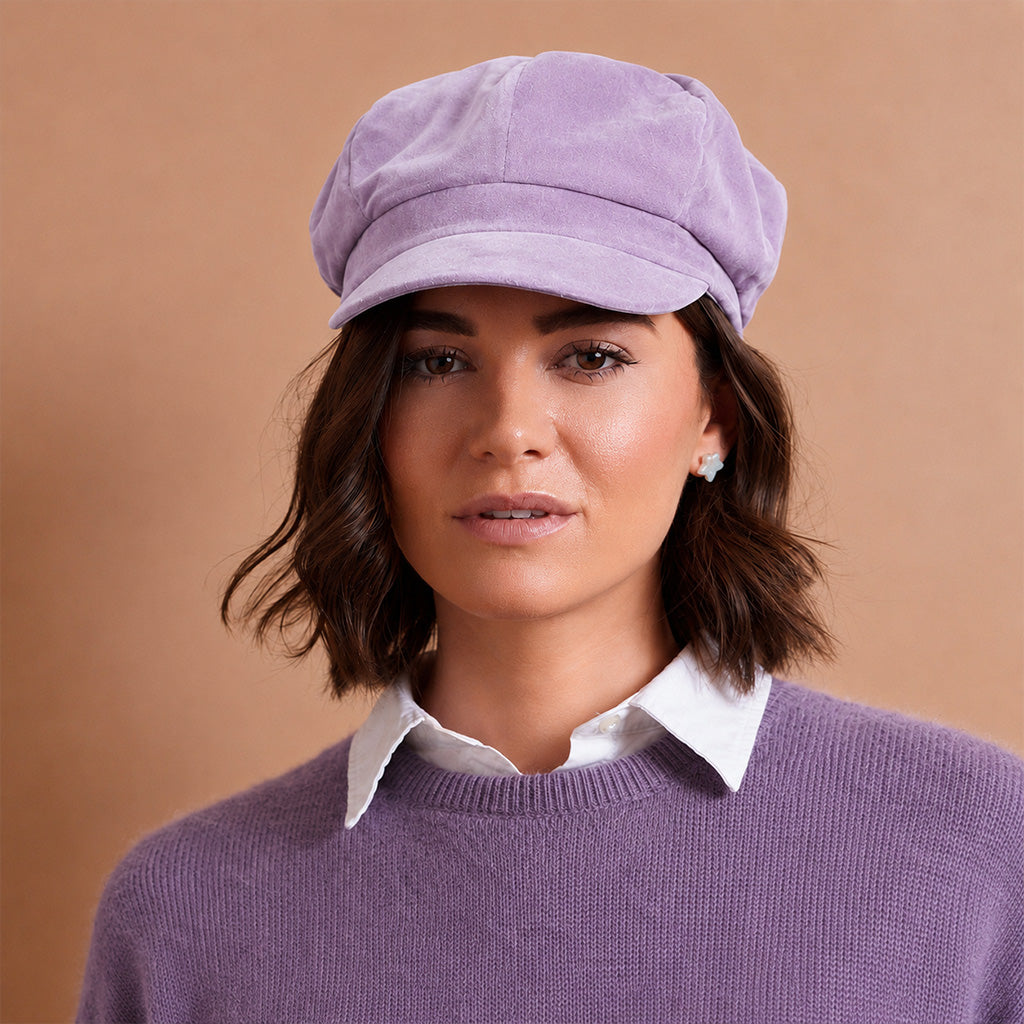 A woman wearing a lavender purple newsboy cap, a matching purple knit sweater, and a white collared shirt, set against a solid warm tan background.