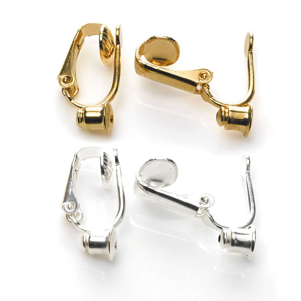 Four metal ear hooks shown in two color options: gold and silver. Each hook is displayed from two different angles (one showing the front clip and the other showing the back attachment) on a clean white background.