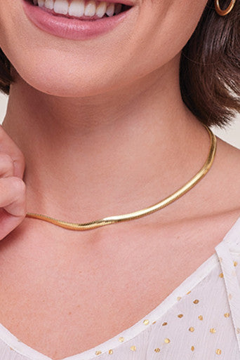 close up of model wearing Gold Plated Snake Chain Necklace