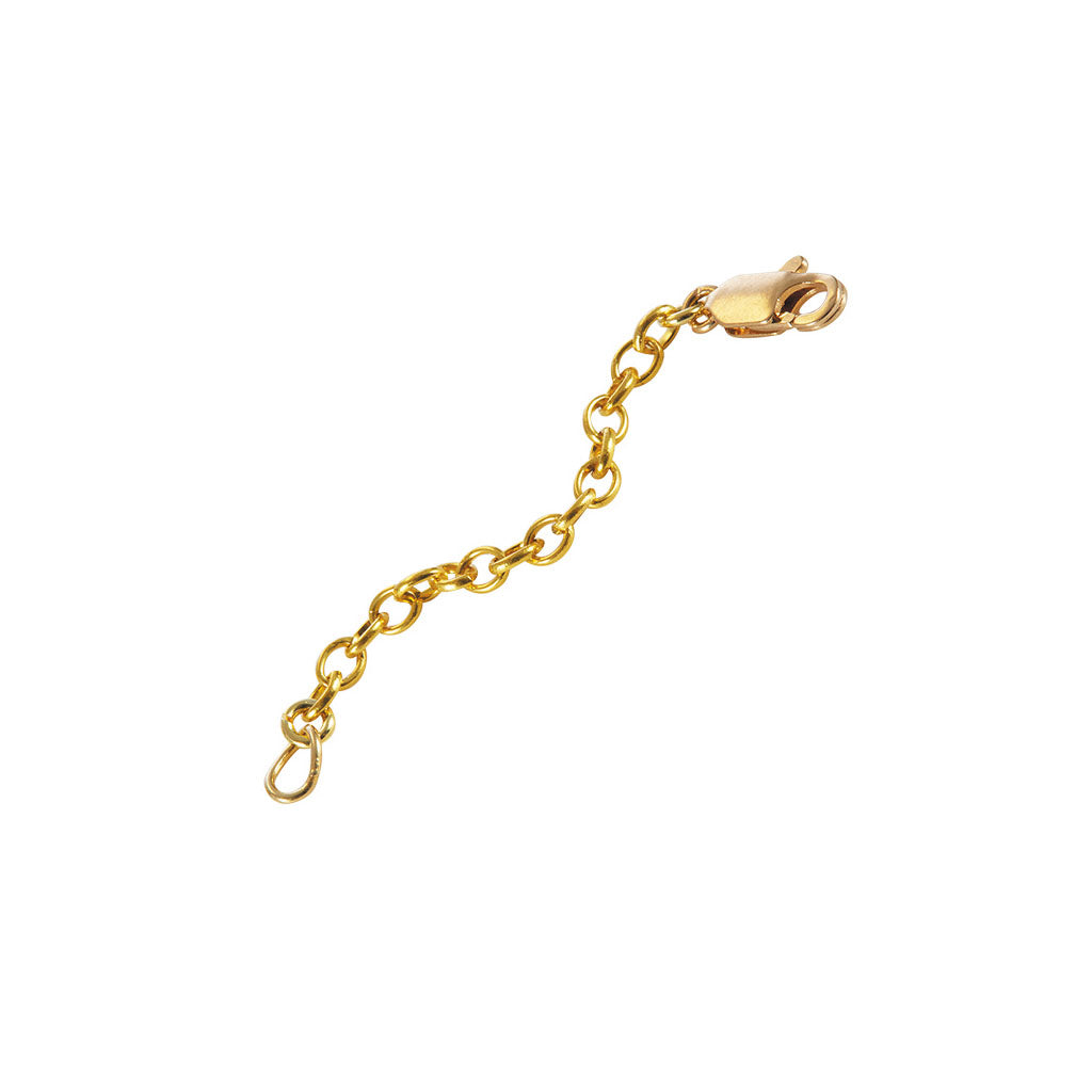A gold-toned metal chain extender with a lobster clasp and spring ring, shown on a plain white background.