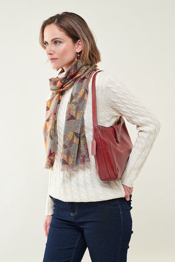 Leaf Print Stole & Autumn Leaves Bag in Maroon