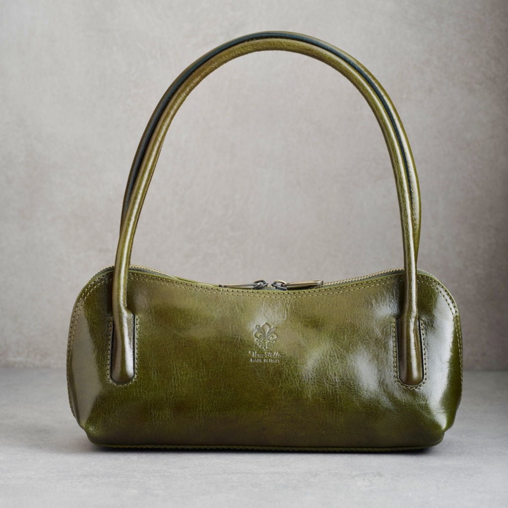 An olive green leather handbag with dual top handles, a zippered top closure, and a small embossed logo on the front, set against a neutral gray background.