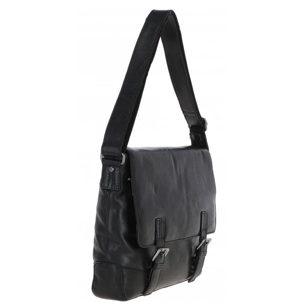 A black leather messenger bag with a wide shoulder strap, front flap pocket, and buckle details, shown against a plain white background.