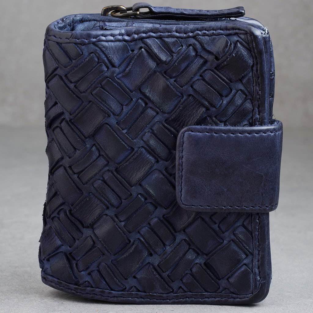 A dark navy blue leather wallet featuring a woven basketweave texture on the main body and a smooth leather magnetic flap closure on the right side, set against a neutral gray background.