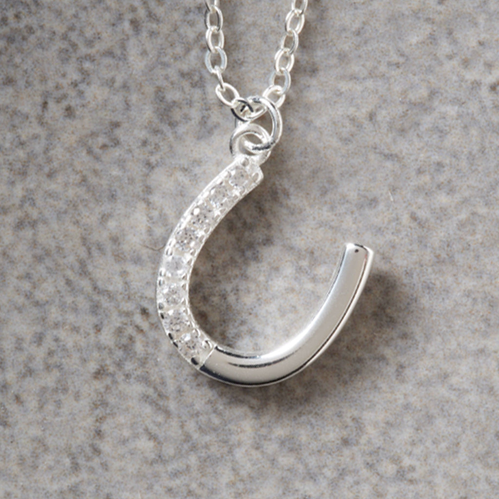 A silver horseshoe-shaped pendant necklace with a row of clear crystals along one side, hanging from a silver chain against a textured gray background.