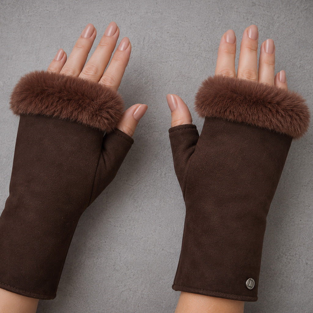 model wearing A pair of dark brown suede gloves with thick brown fur cuffs,