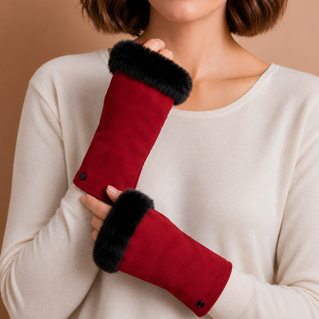 A person wearing a cream knit sweater holds up a pair of red fingerless gloves with black faux-fur trim against a warm beige background.