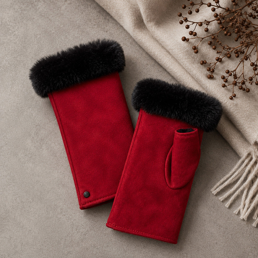 A pair of red faux-suede winter gloves with black faux-fur cuffs, styled on a neutral textured surface next to a cream-colored scarf.