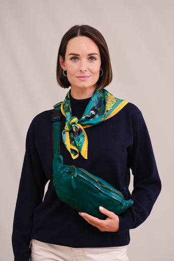 Majestic Peacock Silk Scarf with Leather Bumbag in Teal (TH326)