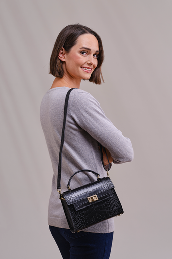 Marino Croc Leather Shoulder Bag in Black