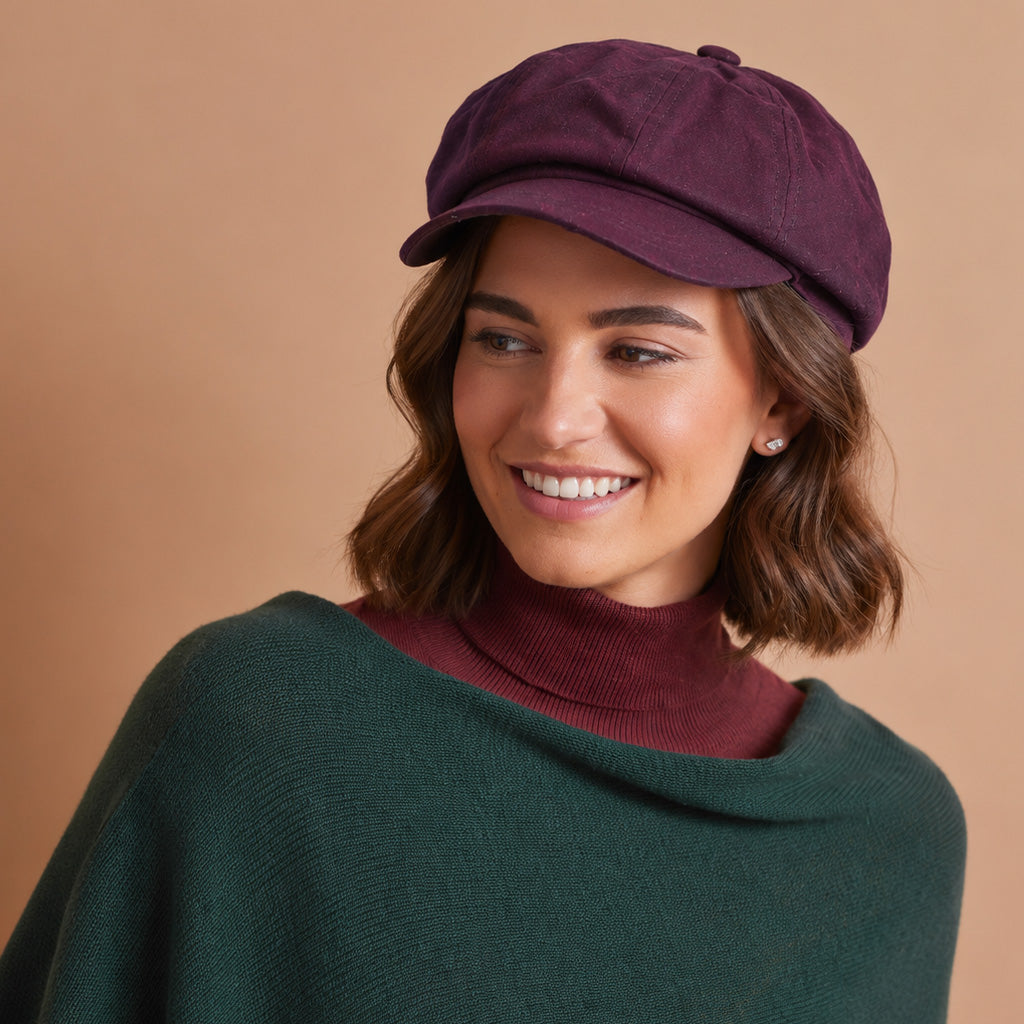 model smiling wearing a dark purple newsboy cap with a textured wax fabric finish, beige background.