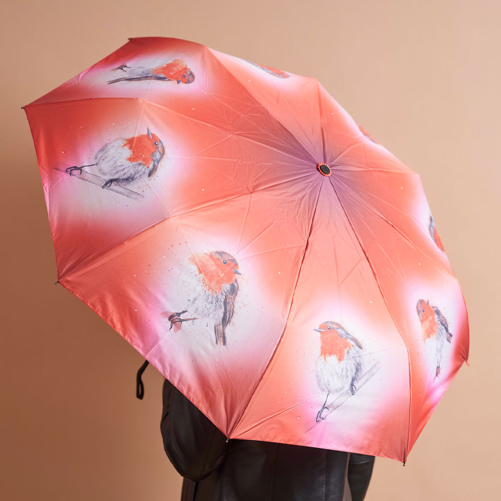 A pink and orange umbrella with printed red robin bird illustrations, held open by a person against a plain beige background.