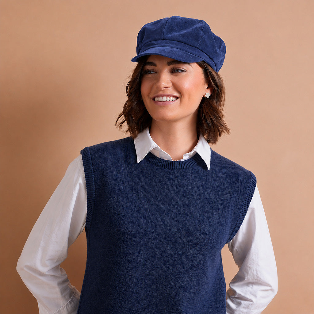 a women wearing a dark navy blue velvet newsboy cap with a curved brim, photographed on a neutral light gray background.