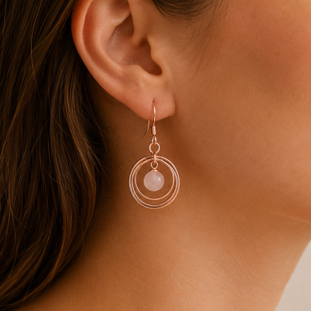 Rose Gold Plated & Rose Quartz Triple Disc Earrings show in model ear lop