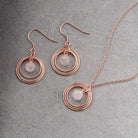 Rose Gold Plated & Rose Quartz Triple Disc Necklace and Earrings on grey back ground