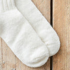 A close-up of a pair of soft off-white knit socks laid on a light brown wooden surface.