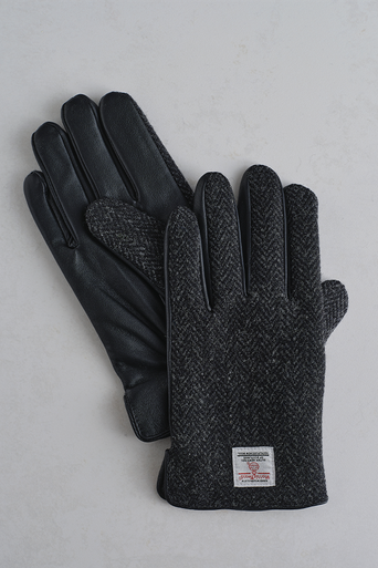 Men’s Harris Tweed and Leather Gloves in Black Herringbone