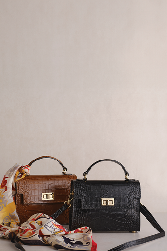 Marino Croc Leather Shoulder Bag in Light Chocolate and Black