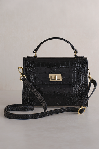 Marino Croc Leather Shoulder Bag in Black